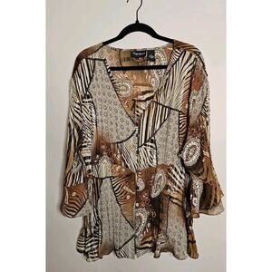 Maggie Barnes Tunic Blouse Womens 3X V Neck 3/4 Sleeves Pleated Abstract Paisley